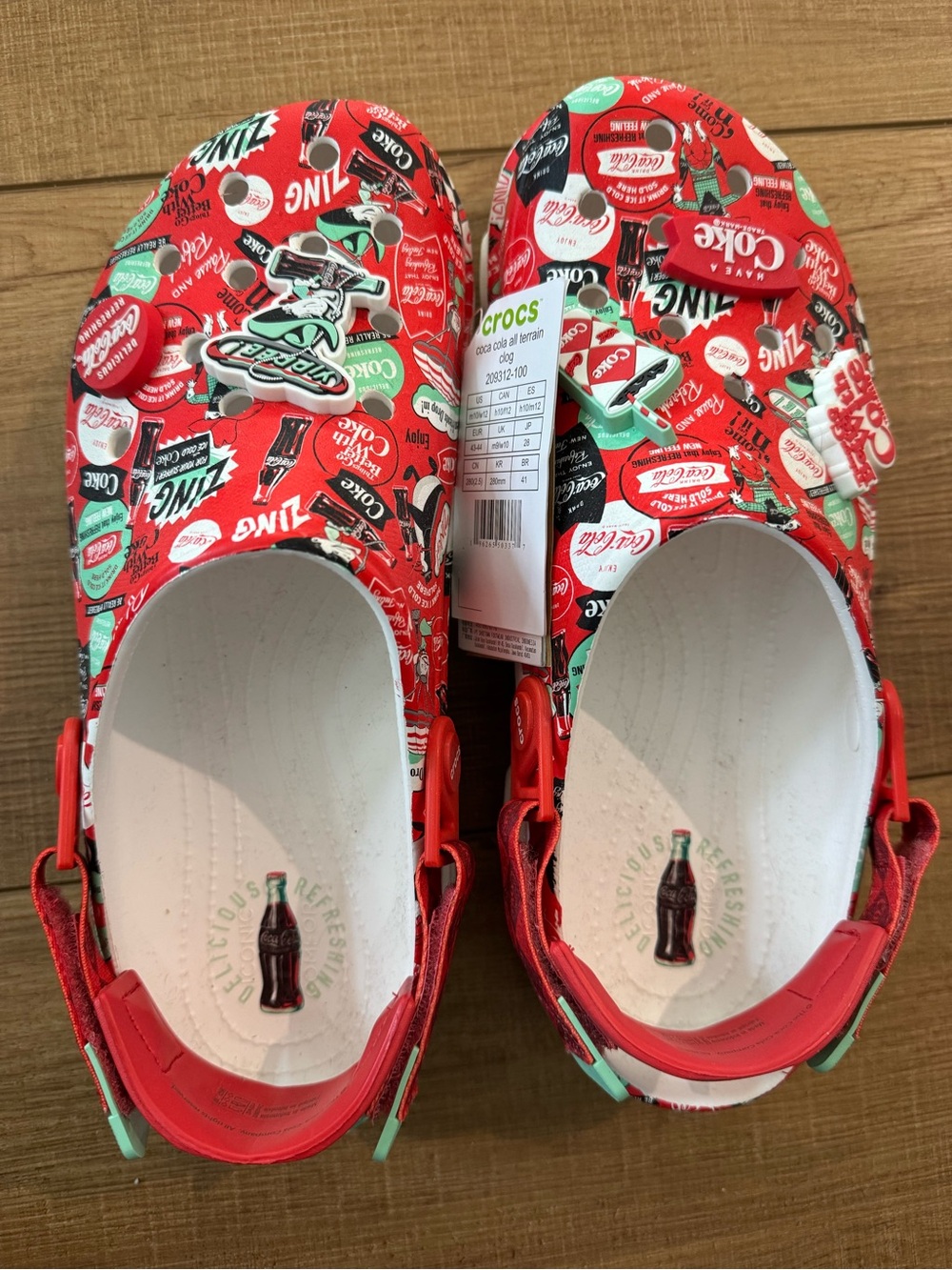 NWT Coca-Cola Print Crocs with Mint Accents and Jibbitz M10/W12